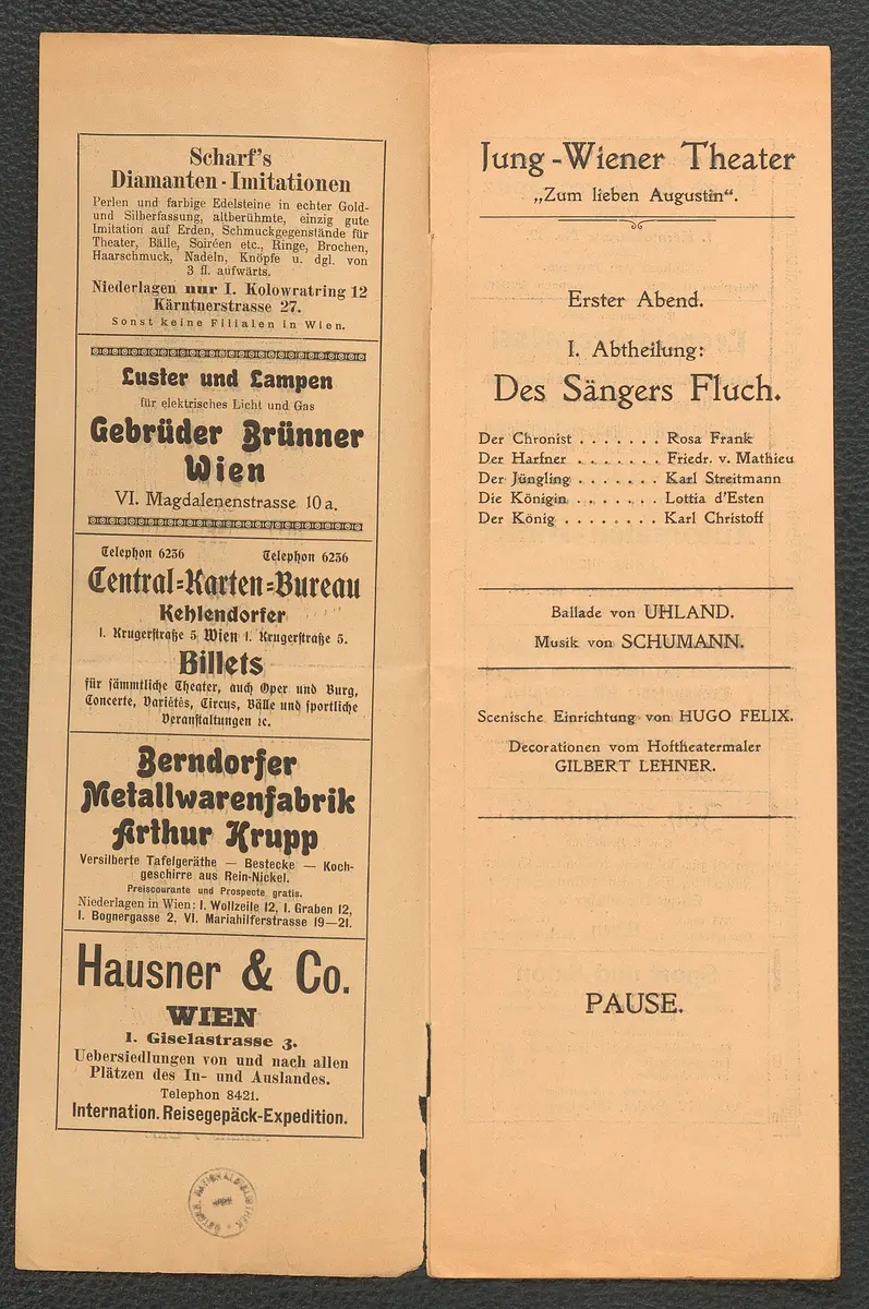 Jung Wiener Theater zum lieben Augustin, Verweis auf Stücktitel: Des Sängers Fluch, Verweis auf Stücktitel: Ahasver