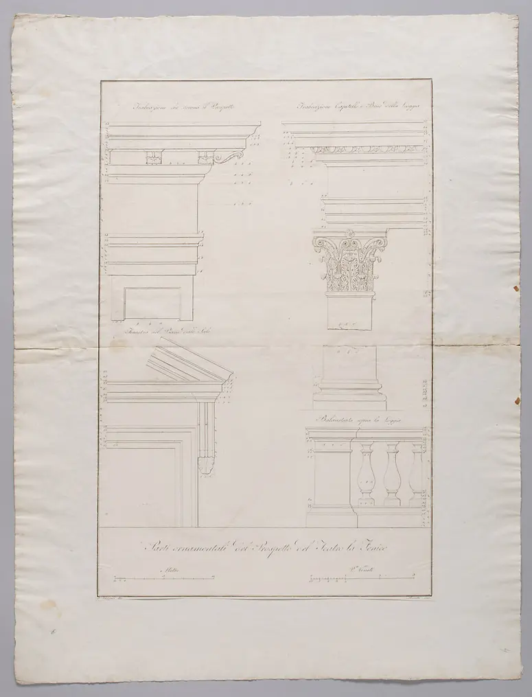Venedig, Teatro La Fenice, Titel in Vorlageform: Parti ornamnentali del Prospetto del Teatro la Fenice, Titel in Vorlageform: Spaccato per lungo del Teatro la Fenice