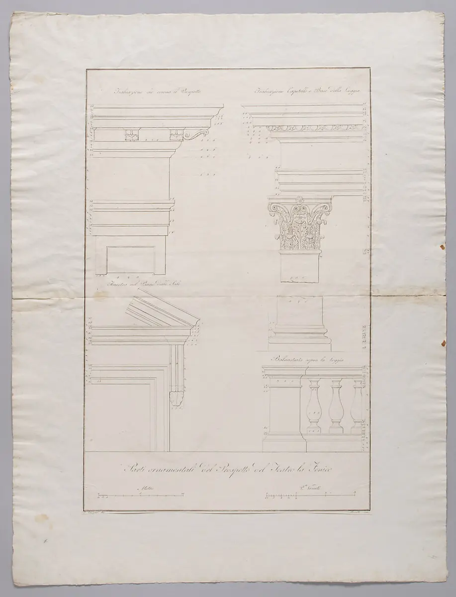 Venedig, Teatro La Fenice, Titel in Vorlageform: Parti ornamnentali del Prospetto del Teatro la Fenice, Titel in Vorlageform: Spaccato per lungo del Teatro la Fenice