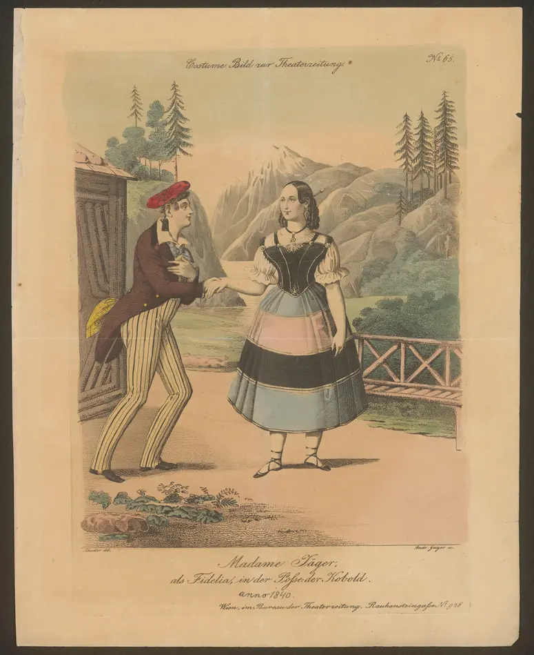Der Kobold, Alternativtitel: Der Kobold oder Staberl im Feendienst, Titel in Vorlageform: Madame Jäger als Fidelia in der Posse der Kobold, Titel der Serie: Costume-Bild, Name der Zeitschrift: Wiener Theaterzeitung