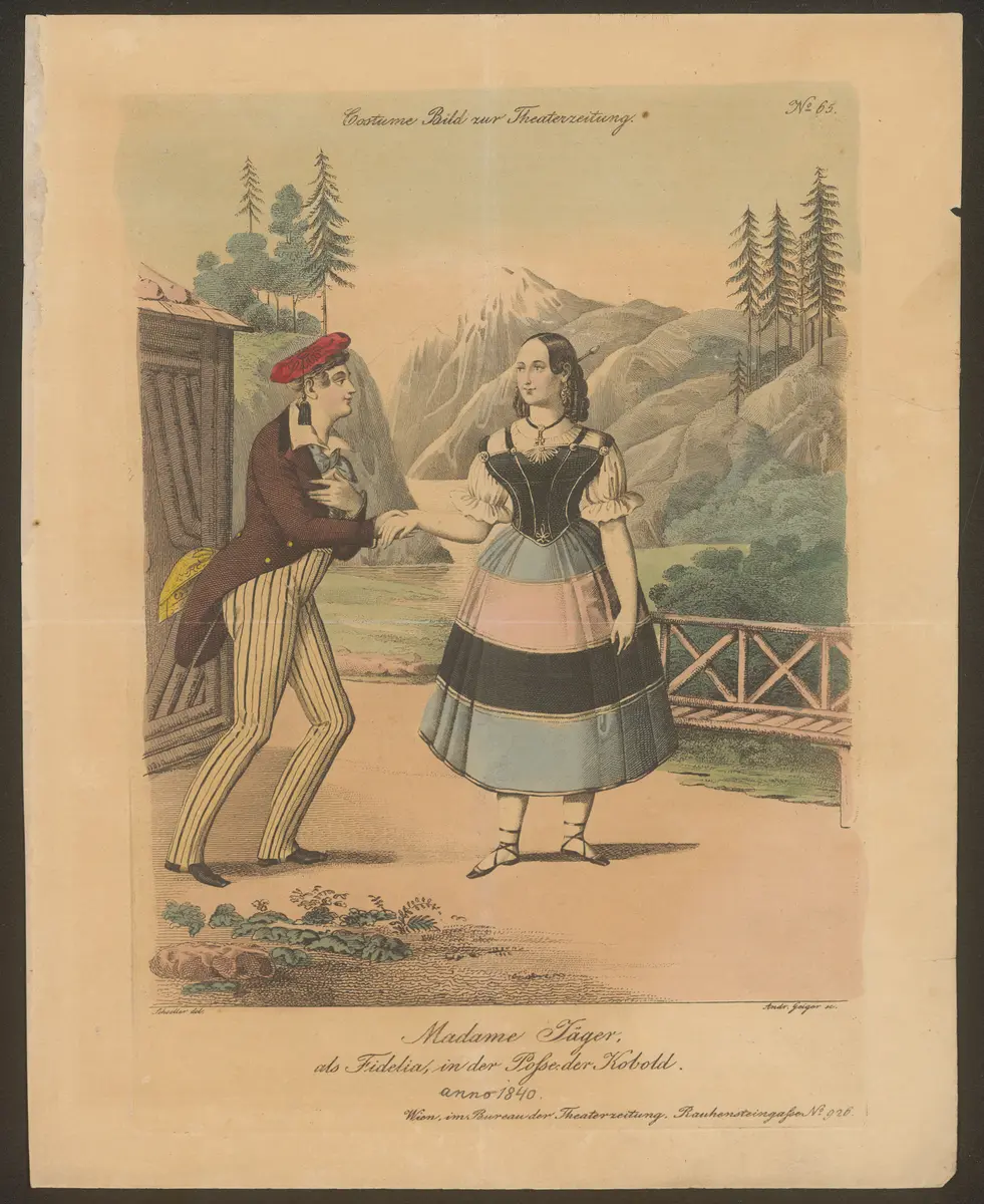 Der Kobold, Alternativtitel: Der Kobold oder Staberl im Feendienst, Titel in Vorlageform: Madame Jäger als Fidelia in der Posse der Kobold, Titel der Serie: Costume-Bild, Name der Zeitschrift: Wiener Theaterzeitung