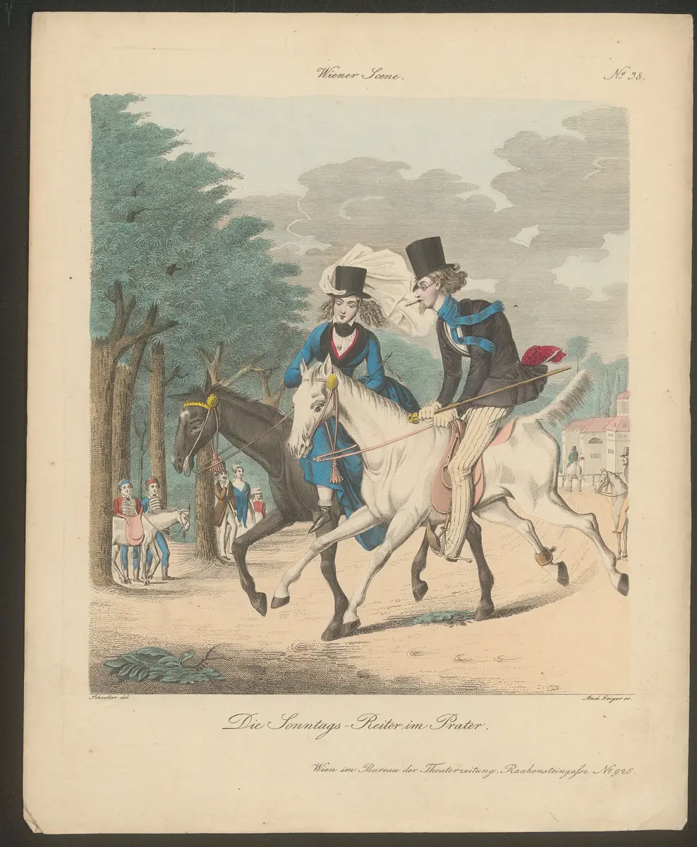 Die Sonntags-Reiter im Prater., Titel der Serie: Wiener Scene, Name der Zeitschrift: Wiener Theaterzeitung