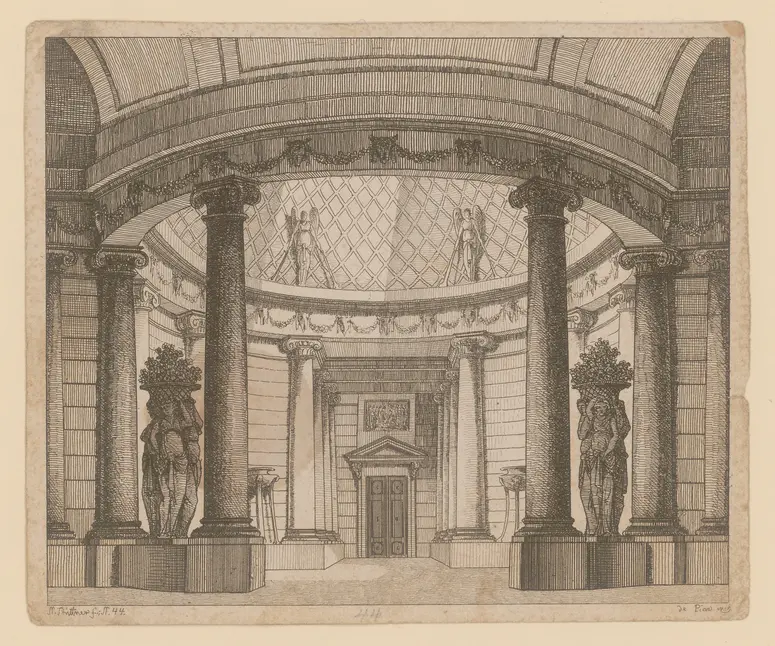 Die Vestalin, Titel der Serie: Theaterdecorationen nach den Original Skitzen des k.k. Hof Theater Mahlers Anton de Pian, gestochen und verlegt von Norbert Bittner.