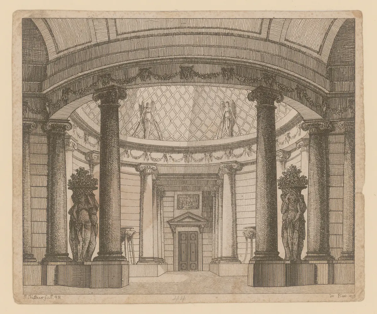 Die Vestalin, Titel der Serie: Theaterdecorationen nach den Original Skitzen des k.k. Hof Theater Mahlers Anton de Pian, gestochen und verlegt von Norbert Bittner.