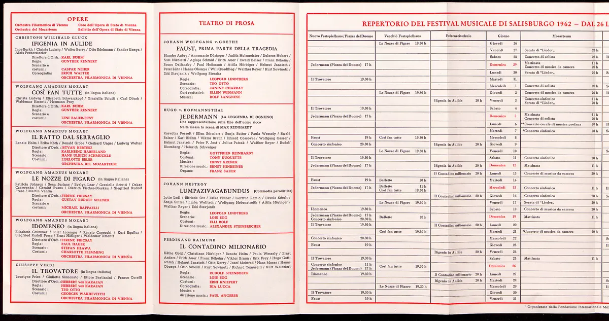 Salzburger Festspiele 1962, Titel in Vorlageform: Salzburgo Festival musicale 1962, Verweis auf Stücktitel: Iphigenie in Aulis, Verweis auf Stücktitel: Cosi fan tutte, Verweis auf Stücktitel: Die Entführung aus dem Serail, Verweis auf Stücktitel: Figaros Hochzeit, Verweis auf Stücktitel: Idomeneo, Verweis auf Stücktitel: Der Troubadour, Verweis auf Stücktitel: Jedermann, Verweis auf Stücktitel: Faust, Verweis auf Stücktitel: Lumpazivagabundus, Verweis auf Stücktitel: Der Bauer als Millionär