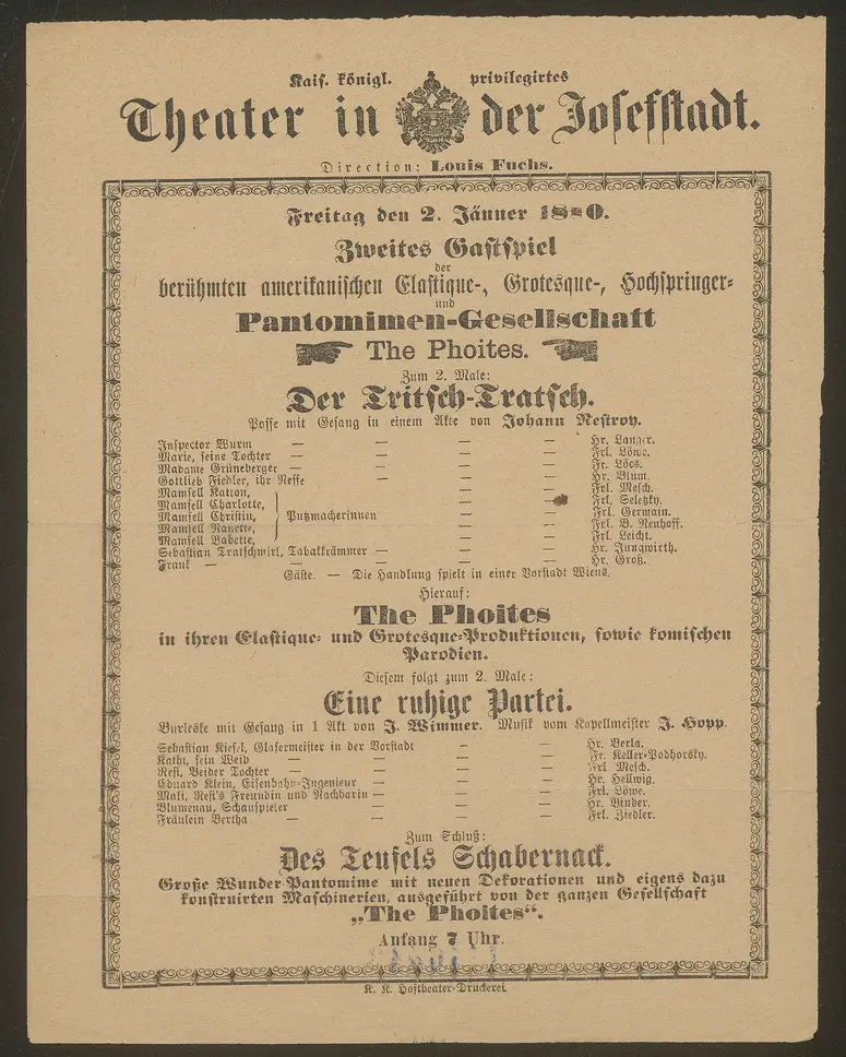 Der Tritsch-Tratsch, Eine ruhige Partei, Gastspiel der berühmten amerikanischen Elastique-, Grotesque-, Hochspringer und Pantomimen-Geesellschaft The Phoites, Des Teufels Schabernack