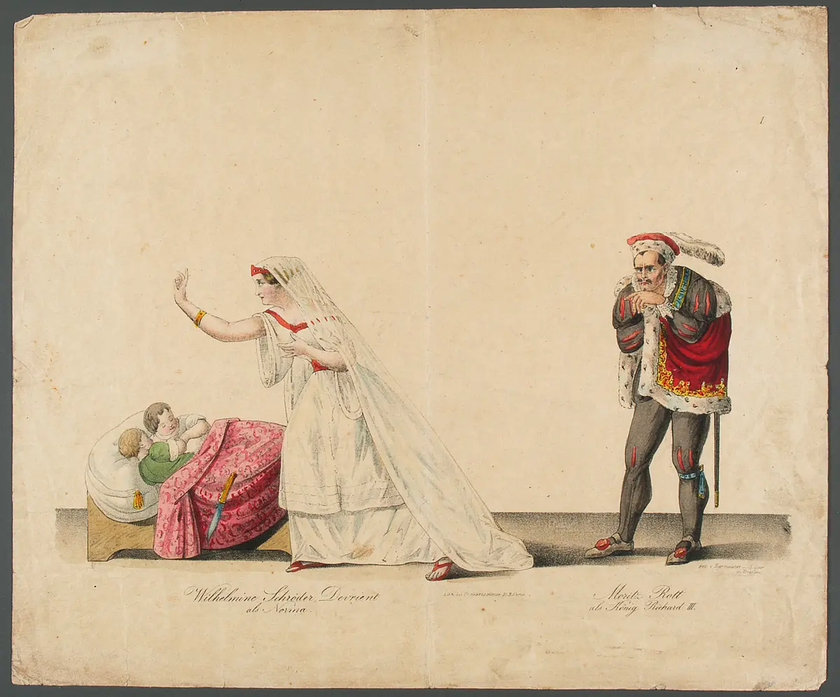 Wilhelmine Schröder-Devrient und Moritz Rott, Titel in Vorlageform: Wilhelmine Schröder Devrient als Norma / Moritz Rott als König Richard III., Verweis auf Stücktitel: Norma, Verweis auf Stücktitel: König Richard III.