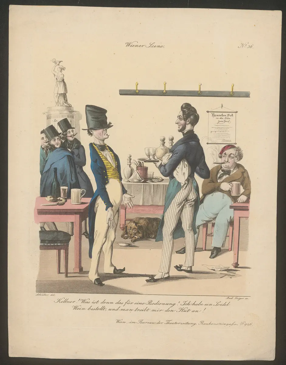 Kellner! Was ist denn das für eine Bedienung? Ich habe ein Seidel Wein bestellt, und man treibt mir den Hut an!, Titel der Serie: Wiener Scene, Name der Zeitschrift: Wiener Theaterzeitung