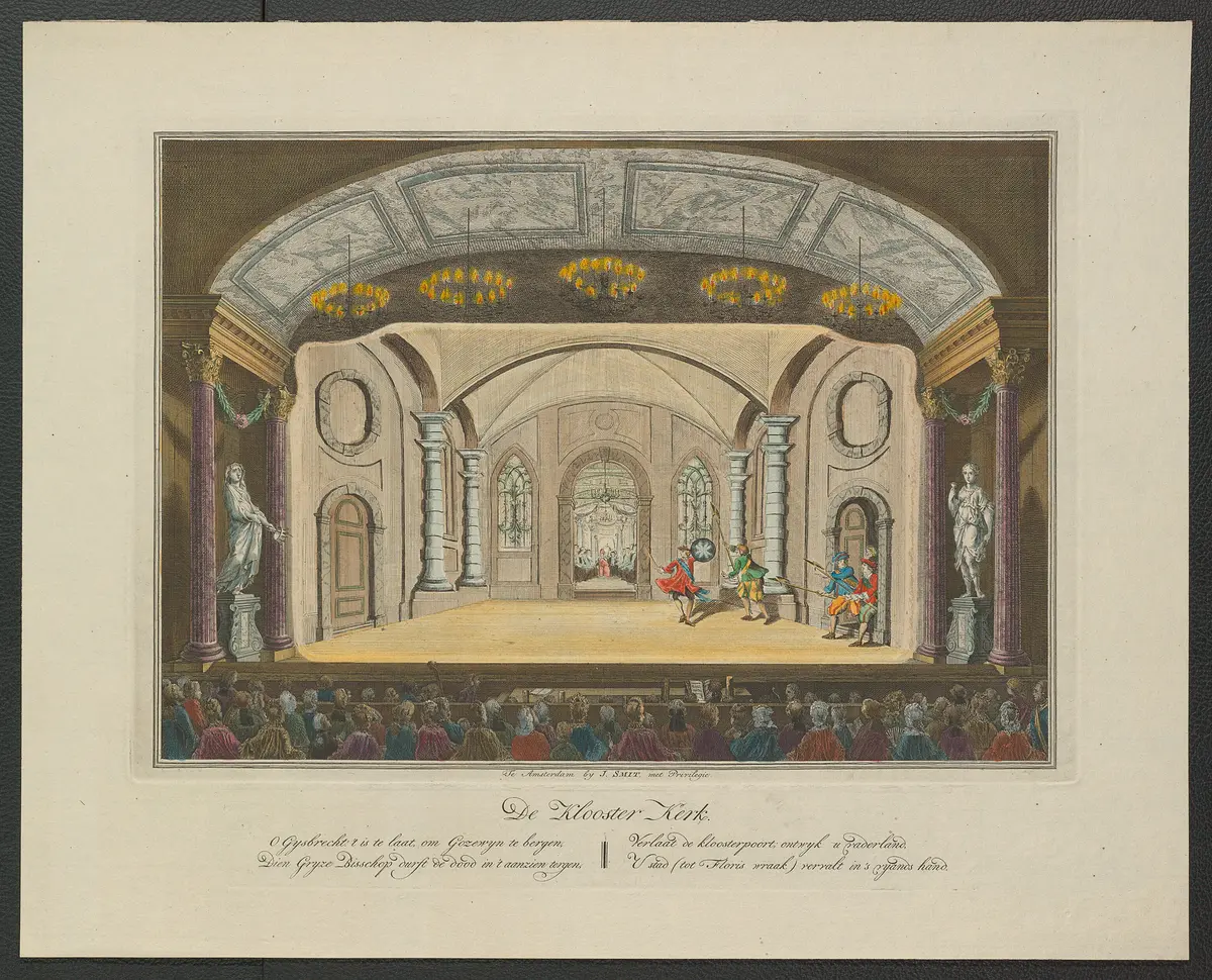 ohne Titel, Titel in Vorlageform: De Klooster Kerk (Klosterkirche), Titel der Serie: Toneeldecors van de Amsterdamse Schouwburg (Theaterdekorationen der Amsterdamer Schauburg), Verweis auf Stücktitel: Gysbreght van Aemstel, d'ondergang van zyn stad en zyn ballingschap (Gysbrecht van Aemstel)