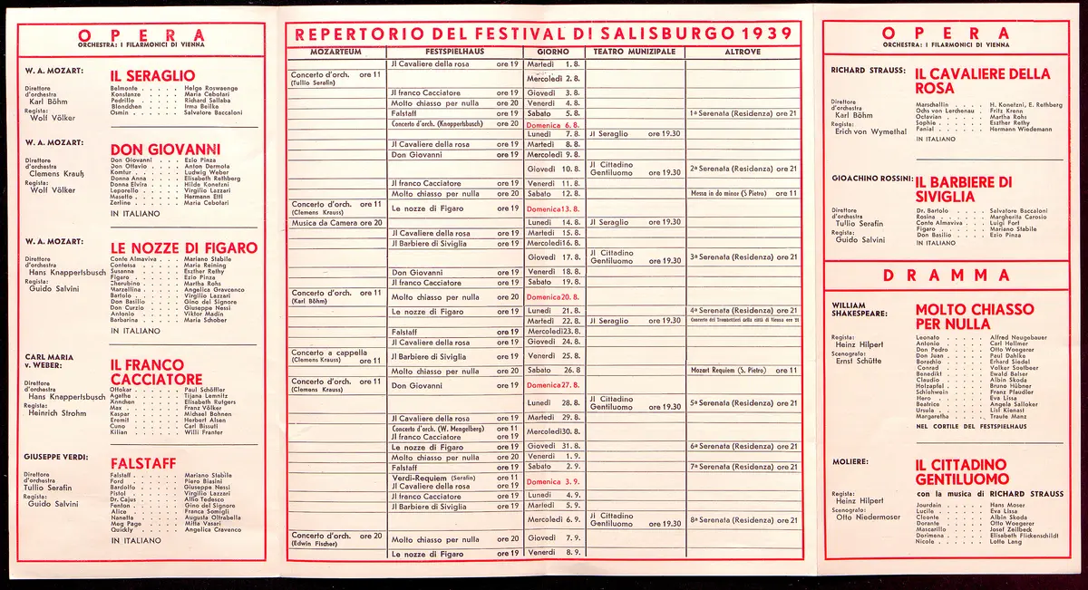 Salzburger Festspiele 1939, Titel in Vorlageform: Salzburg Festival, Verweis auf Stücktitel: Die Entführung aus dem Serail, Verweis auf Stücktitel: Le nozze di figaro, Verweis auf Stücktitel: Der Freischütz, Verweis auf Stücktitel: Il Barbiere di Siviglia, Verweis auf Stücktitel: Don Giovanni, Verweis auf Stücktitel: Falstaff, Verweis auf Stücktitel: Der Rosenkavalier, Verweis auf Stücktitel: Viel Lärm um nichts, Verweis auf Stücktitel: Der Bürger als Edelmann