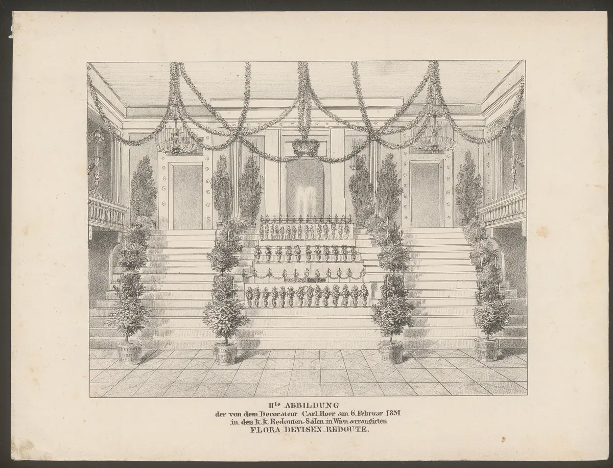 Wien (allgemein), Redoutensaal, Titel in Vorlageform: IIte ABBILDUNG der von Decorateur Carl Hoer am 6. Februar 1831 in den k.k. Redouten-Sälen in Wien arrangierten FLORA DEVISEN REDOUTE.