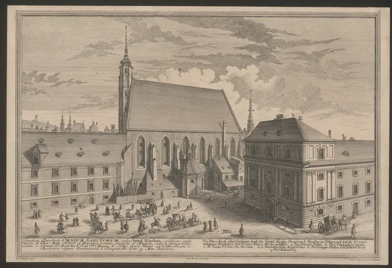 Wien, Kärntnertortheater, Weiterer Titel: Wien, Bürgerspital mit Kirche, Komödienhaus (Kärntnertortheater), Titel in Vorlageform: Templum Parochiale Omnium Sanctorum, vulgo Spital Kirchen, aedificare coepit Henric. II. Dux Austriae Ao. 1150 et Parochiae nomine fundavit; a. Hospitale civile, b. Domus Comicorum [...], Titel in Vorlageform: Die Pfarr Kirch aller Heiligen, sonst die Spital-Kirche. Henricus I. Hertzog in Oesterreich hat sie ao. 1150 anfangen zu erbauen und zu einer Pfarr-Kirche gestifftet; a. Das Burger Spital, b. Das Comoedien-Hauß [...]