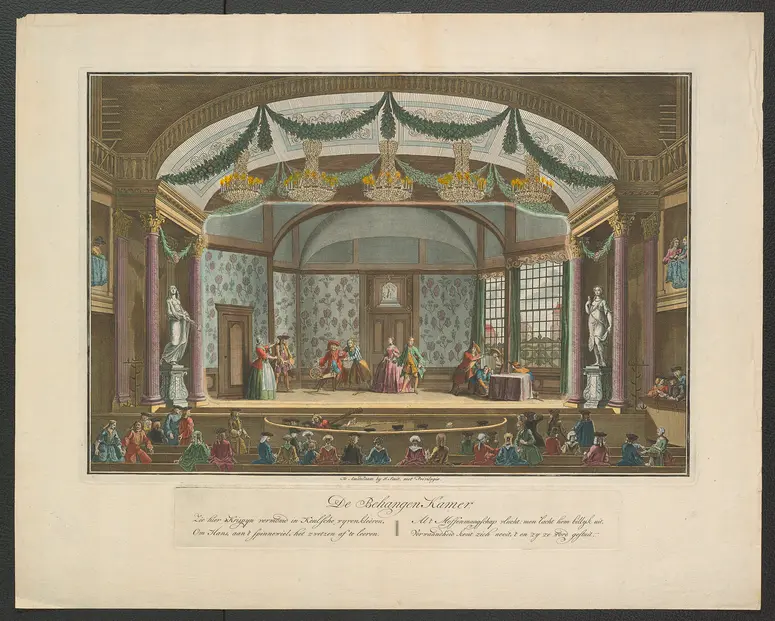ohne Titel, Titel in Vorlageform: De Behangen Kamer (Tapeziertes Zimmer), Titel der Serie: Toneeldecors van de Amsterdamse Schouwburg (Theaterdekorationen der Amsterdamer Schauburg), Verweis auf Stücktitel: De Zwetser (Der Schwätzer)