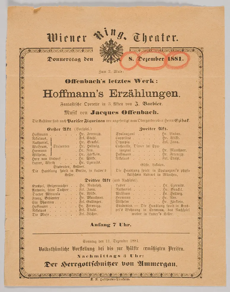 Hoffmanns Erzählungen, Theaterzettelzettel des Brandtages des Ringtheater 1881