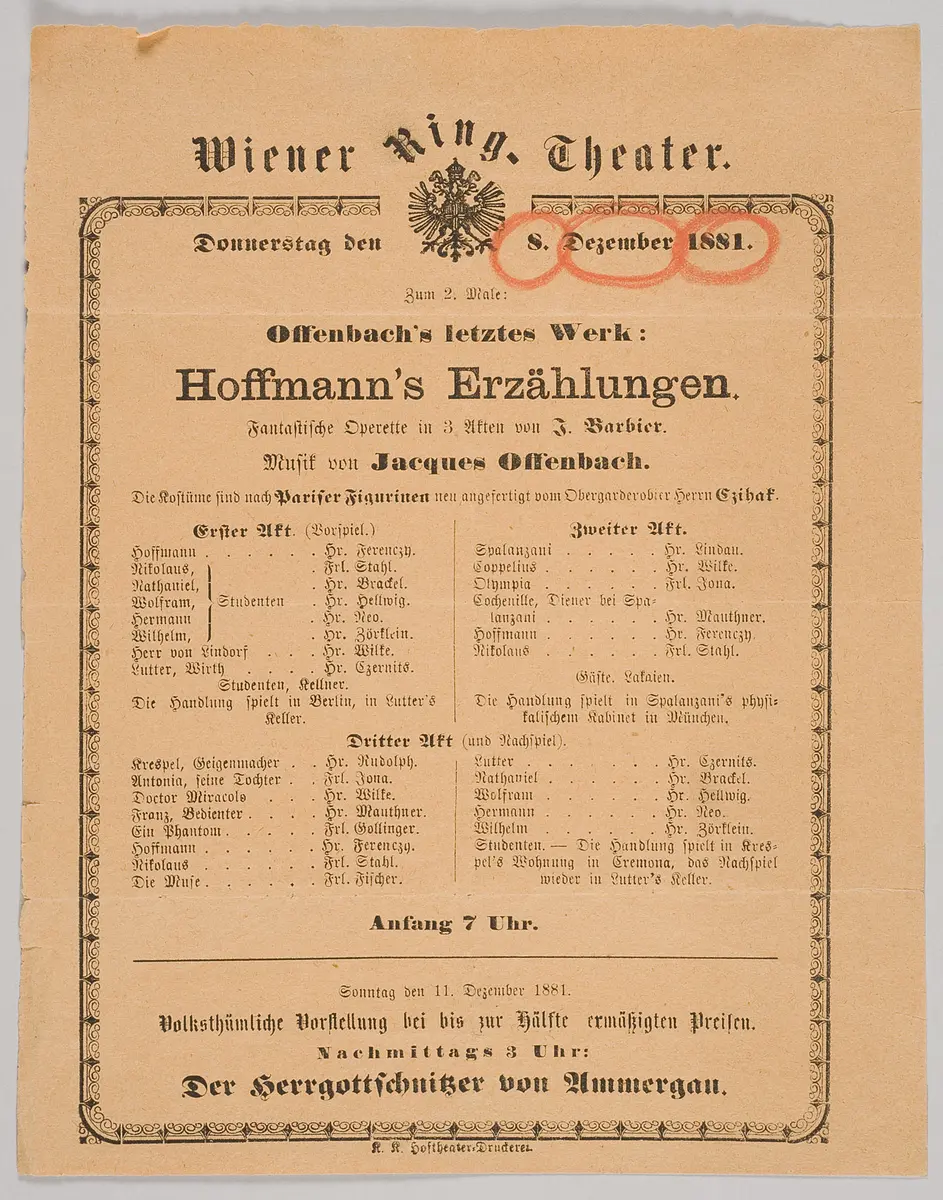 Hoffmanns Erzählungen, Theaterzettelzettel des Brandtages des Ringtheater 1881
