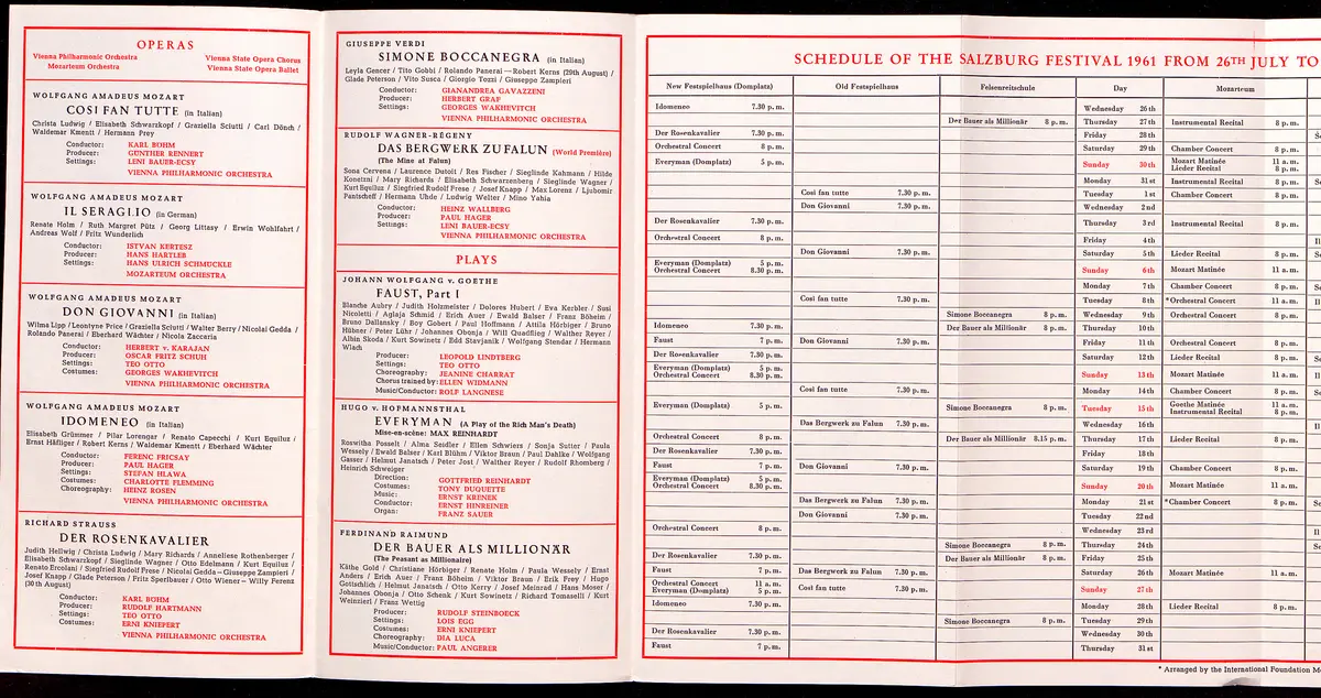 Salzburger Festspiele 1961, Titel in Vorlageform: Salzburg Festival 1961, Verweis auf Stücktitel: Cosi fan tutte, Verweis auf Stücktitel: Die Entführung aus dem Serail, Verweis auf Stücktitel: Don Giovanni, Verweis auf Stücktitel: Idomeneo, Verweis auf Stücktitel: Der Rosenkavalier, Simon Boccanegra, Verweis auf Stücktitel: Das Bergwerk zu Falun, Verweis auf Stücktitel: Jedermann, Verweis auf Stücktitel: Faust, Verweis auf Stücktitel: Der Bauer als Millionär