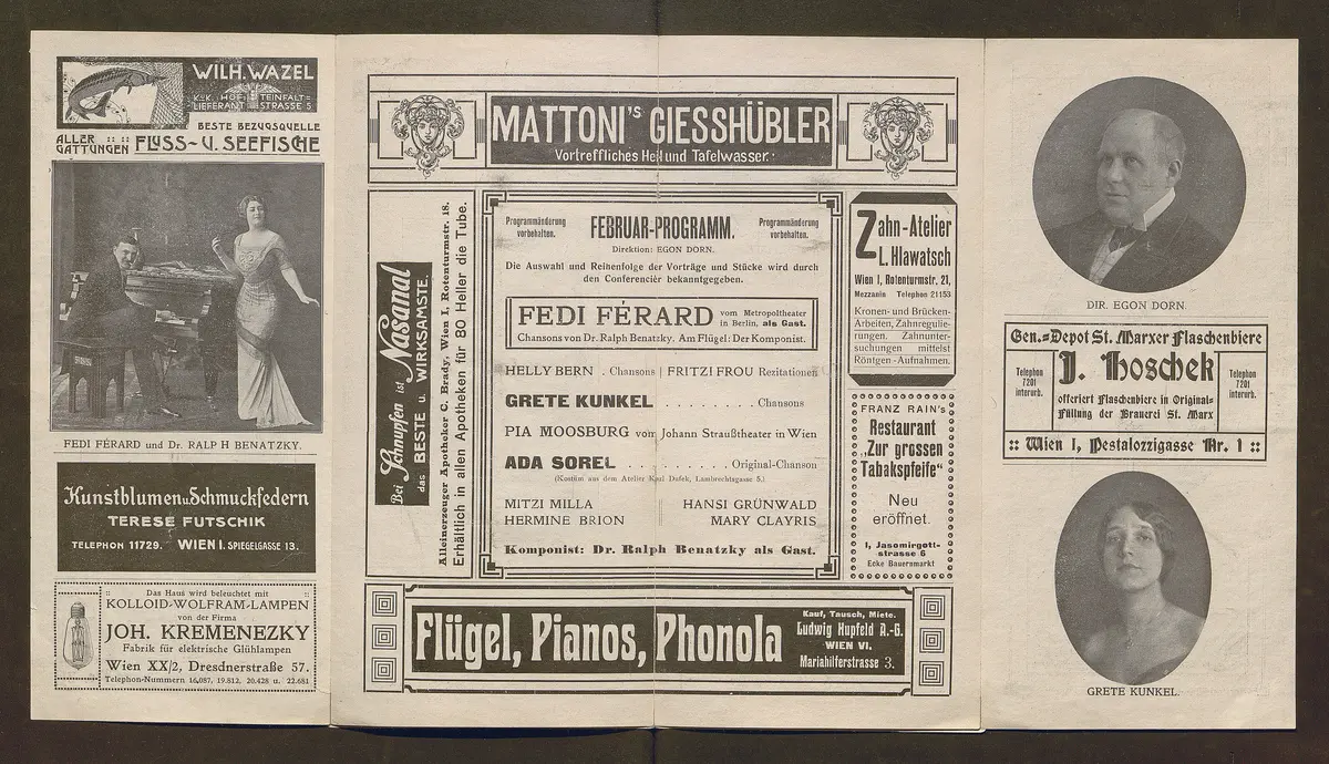 Kabarett Fledermaus, Titel in Vorlageform: Fledermaus 1911-12, Verweis auf Stücktitel: Colombinens Untreue, Verweis auf Stücktitel: Das blonde Abenteuer, Verweis auf Stücktitel: Kokottchens Mission