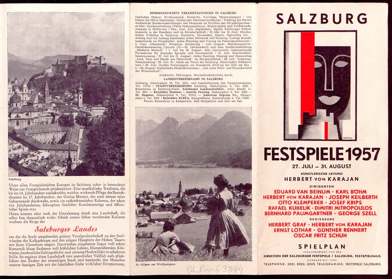 Salzburger Festspiele 1957, Verweis auf Stücktitel: Fidelio, Verweis auf Stücktitel: Schule der Frauen, Verweis auf Stücktitel: Cosi fan tutte, Verweis auf Stücktitel: Entführung aus dem Serail, Figaros Hochzeit, Verweis auf Stücktitel: Elektra, Verweis auf Stücktitel: Falstaff, Verweis auf Stücktitel: Jedermann, Verweis auf Stücktitel: Emilia Galotti, Verweis auf Stücktitel: Ein Hauch von Poesie