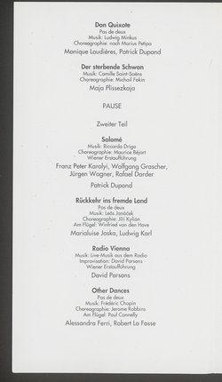 Ballett-Gala, Schwanensee, Ozean und Perlen, Sylvia: Pas de deux, Le corsaire, Giselle, Don Quixote, Der sterbende Schwan, Salome, Rückkehr ins femde Land, Radio Vienna, Other Dances, Antinous, The leaves are fading, Caught