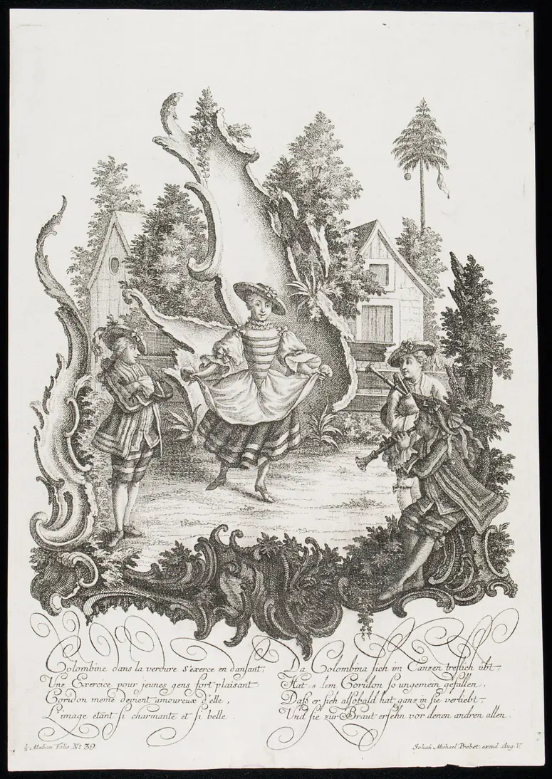 Commedia dell'arte, Titel in Vorlageform: Colombine dans la verdure s'exerce en dansant, Une Exercise pour juenes gens fort plaisant. [...], Titel in Vorlageform: Da Colombina sich im Tanzen trefflich übt, Hat es dem Coridon so ungemein gefallen, [...]