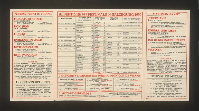 Salzburger Festspiele 1930, Titel in Vorlageform: Festivals de Salzbourg 1930, Verweis auf Stücktitel: Figaros Hochzeit, Verweis auf Stücktitel: Don Juan, Verweis auf Stücktitel: Fidelio, Verweis auf Stücktitel: Der Rosenkavalier, Verweis auf Stücktitel: Don Pasquale, Verweis auf Stücktitel: Jedermann, Verweis auf Stücktitel: Kabale und Liebe, Verweis auf Stücktitel: Der Diener zweier Herren, Verweis auf Stücktitel: Viktoria