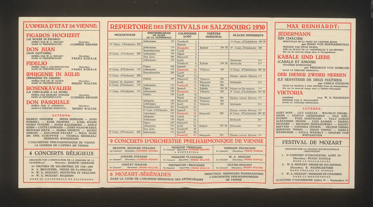 Salzburger Festspiele 1930, Titel in Vorlageform: Festivals de Salzbourg 1930, Verweis auf Stücktitel: Figaros Hochzeit, Verweis auf Stücktitel: Don Juan, Verweis auf Stücktitel: Fidelio, Verweis auf Stücktitel: Der Rosenkavalier, Verweis auf Stücktitel: Don Pasquale, Verweis auf Stücktitel: Jedermann, Verweis auf Stücktitel: Kabale und Liebe, Verweis auf Stücktitel: Der Diener zweier Herren, Verweis auf Stücktitel: Viktoria