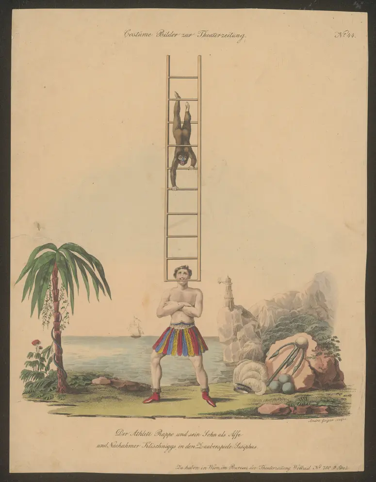 Sisiphus, Alternativtitel: Sisiphus auf der Oberwelt, Alternativtitel: Sisyphus, Titel in Vorlageform: Der Athlet Rappo und sein Sohn als Affe und Nachahmer Klischniggs in den Zauberspielen: Sisiphus, Titel der Serie: Costume-Bild, Name der Zeitschrift: Wiener Theaterzeitung