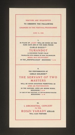 Salzburger Festspiele 1926, Titel in Vorlageform: Festival musical et dramatique Salzbourg 1926, Verweis auf Stücktitel: Ariadne aus Naxos, Verweis auf Stücktitel: Don Juan, Verweis auf Stücktitel: Die Entführung aus dem Serail, Verweis auf Stücktitel: Die Fledermaus, Verweis auf Stücktitel: La serva padrona, Verweis auf Stücktitel: Turandot, Verweis auf Stücktitel: Jedermann, Verweis auf Stücktitel: Der Diener zweier Herren