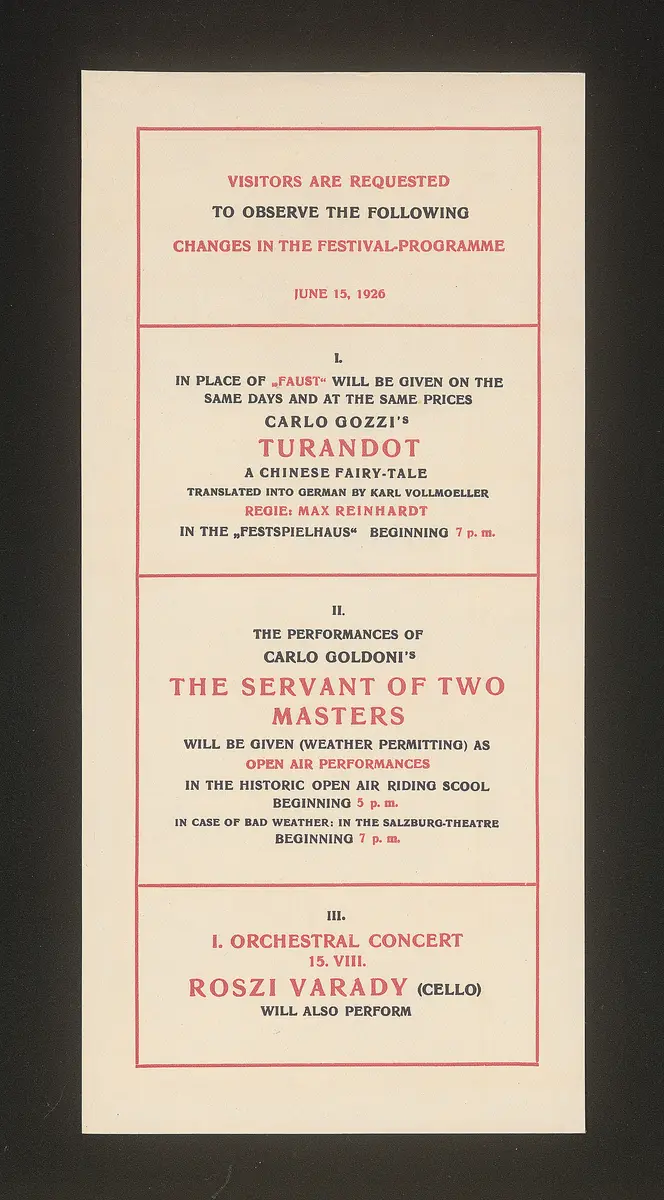 Salzburger Festspiele 1926, Titel in Vorlageform: Festival musical et dramatique Salzbourg 1926, Verweis auf Stücktitel: Ariadne aus Naxos, Verweis auf Stücktitel: Don Juan, Verweis auf Stücktitel: Die Entführung aus dem Serail, Verweis auf Stücktitel: Die Fledermaus, Verweis auf Stücktitel: La serva padrona, Verweis auf Stücktitel: Turandot, Verweis auf Stücktitel: Jedermann, Verweis auf Stücktitel: Der Diener zweier Herren