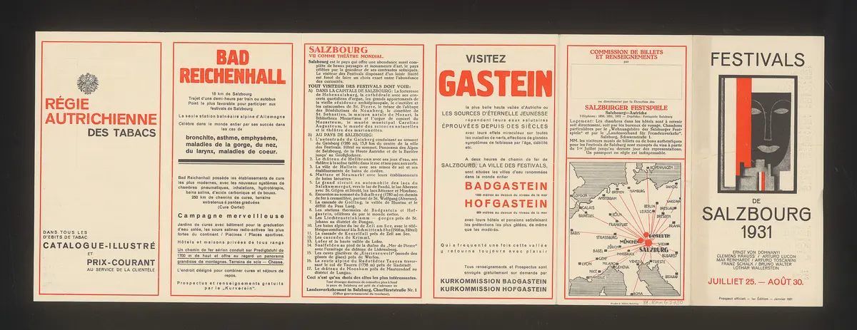 Salzburger Festspiele 1931, Titel in Vorlageform: Festivals de Salzbourg, Verweis auf Stücktitel: Figaros Hochzeit, Verweis auf Stücktitel: Cosi fan tutte, Verweis auf Stücktitel: Der Rosenkavalier, Verweis auf Stücktitel: Don Juan, Verweis auf Stücktitel: Entführung aus dem Serail, Verweis auf Stücktitel: Fidelio, Verweis auf Stücktitel: Zauberflöte, Verweis auf Stücktitel: Orpheus und Eurydike, Verweis auf Stücktitel: Jedermann, Verweis auf Stücktitel: Der Schwierige
