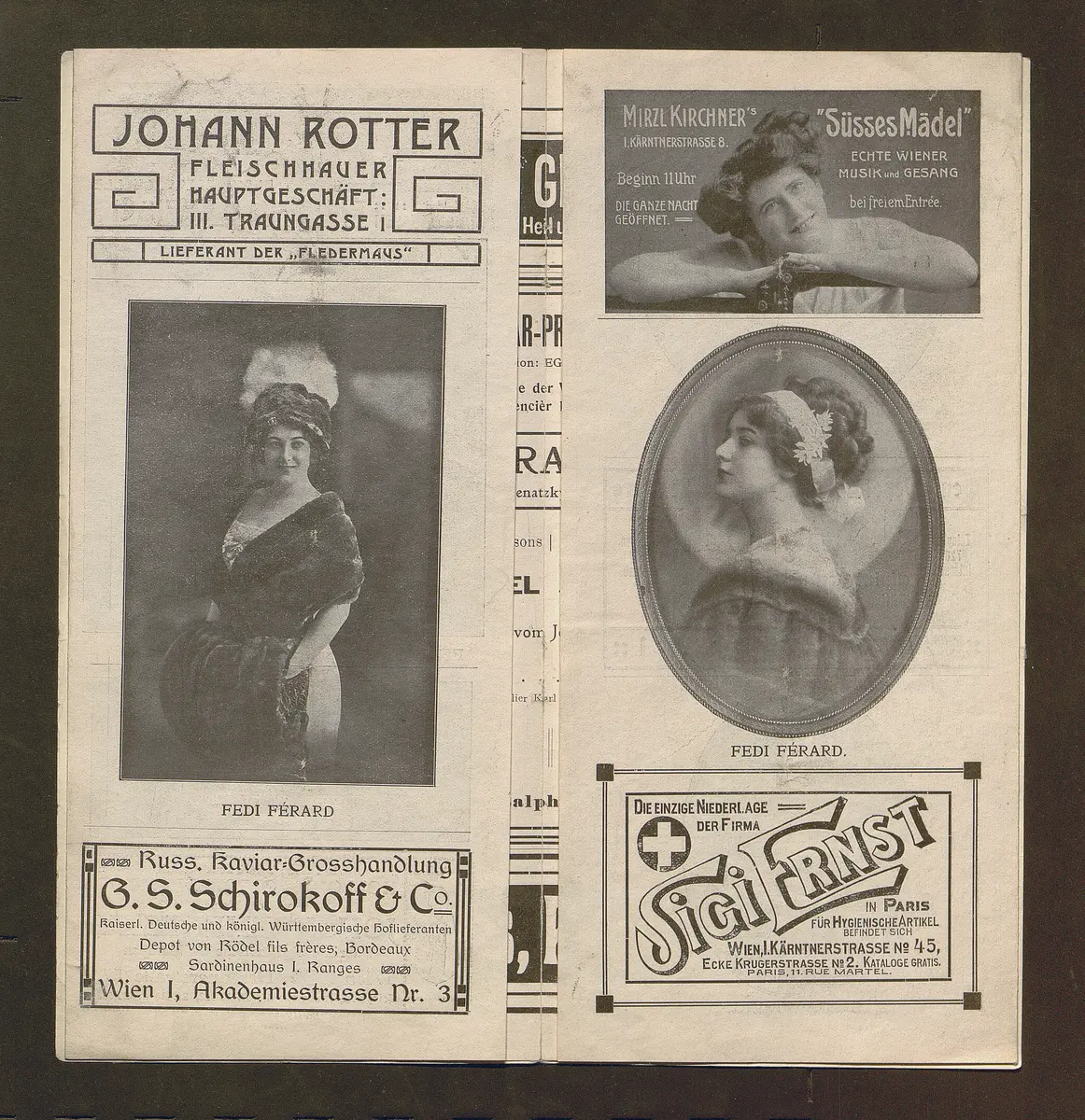 Kabarett Fledermaus, Titel in Vorlageform: Fledermaus 1911-12, Verweis auf Stücktitel: Colombinens Untreue, Verweis auf Stücktitel: Das blonde Abenteuer, Verweis auf Stücktitel: Kokottchens Mission