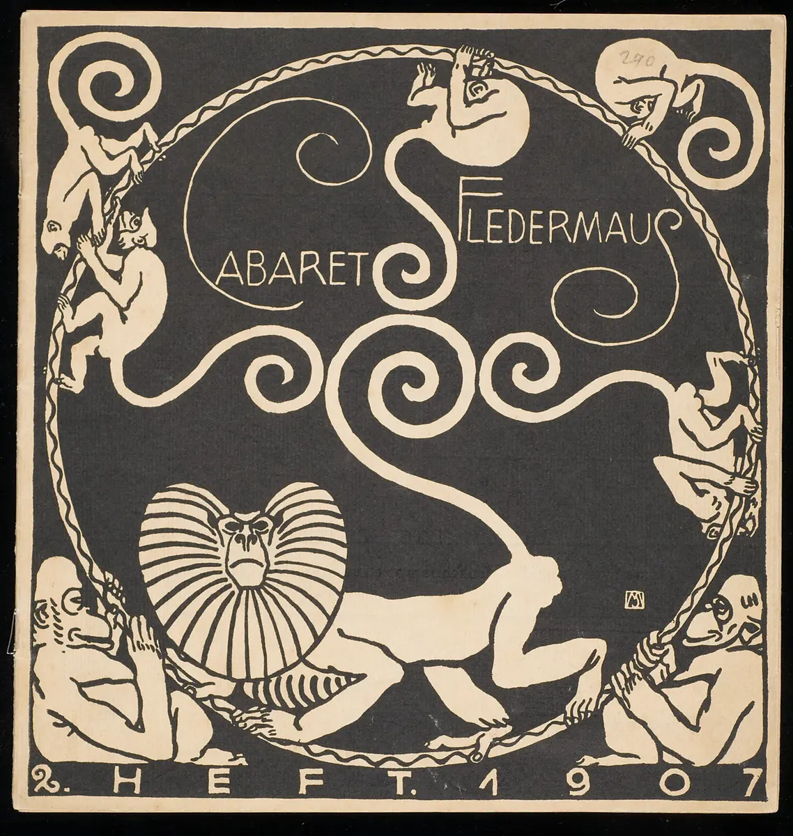 Kabarett Fledermaus, Titel in Vorlageform: Cabaret Fledermaus 2. Heft 1907, Verweis auf Stücktitel: Die Regieprobe, Verweis auf Stücktitel: Die zehn Gerechten, Verweis auf Stücktitel: Franziskas Abendlied, Verweis auf Stücktitel: Die Byern Kürassier', Verweis auf Stücktitel: Die Nachtmusikanten