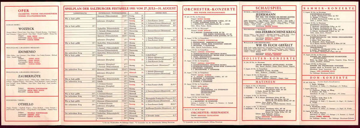 Salzburger Festspiele 1951, Verweis auf Stücktitel: Wozzeck, Verweis auf Stücktitel: Idomeneo, Verweis auf Stücktitel: Zauberflöte, Verweis auf Stücktitel: Othello, Verweis auf Stücktitel: Jedermann, Verweis auf Stücktitel: Der zerbrochene Krug, Verweis auf Stücktitel: Wie es euch gefällt