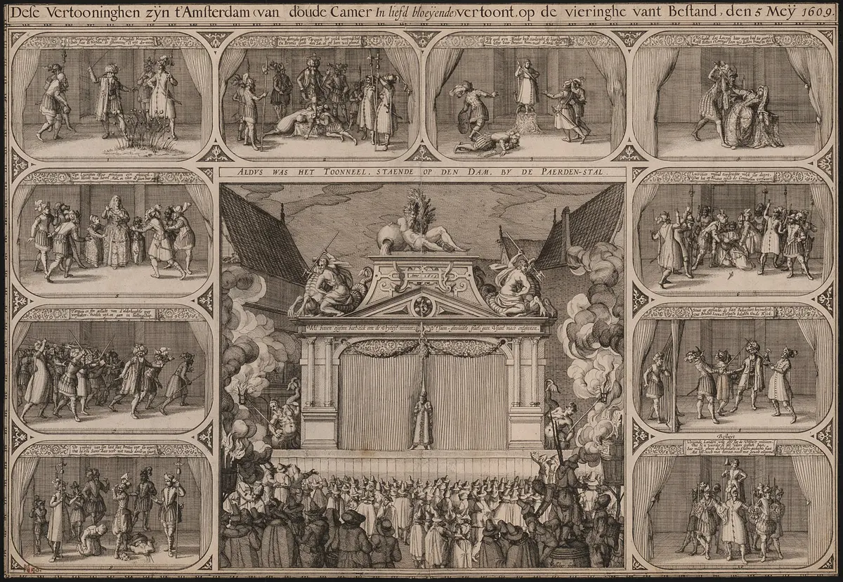 Amsterdam, Freilichtbühne, Titel in Vorlageform: Dese Vertooninghen zijn t' Amsterdam (van d'oude Camer In liefde bloeijende) vertoont, op de vierlinghe vant Bestand, den 5 Mey 1609