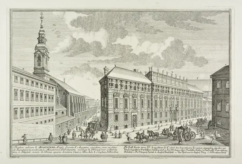 Wien (allgemein), Palais Lobkowitz, Titel in Vorlageform: Templum aulicum S. Augustini [...] Domus Comit. a Dietrichstein [...] / Die Hoff-Kirche derer P.P. Augustiner [...] Das Gräffl- Dietrichsteins. Gebäude [...]