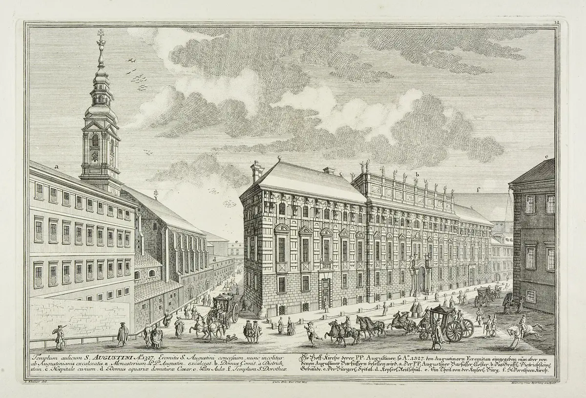 Wien (allgemein), Palais Lobkowitz, Titel in Vorlageform: Templum aulicum S. Augustini [...] Domus Comit. a Dietrichstein [...] / Die Hoff-Kirche derer P.P. Augustiner [...] Das Gräffl- Dietrichsteins. Gebäude [...]