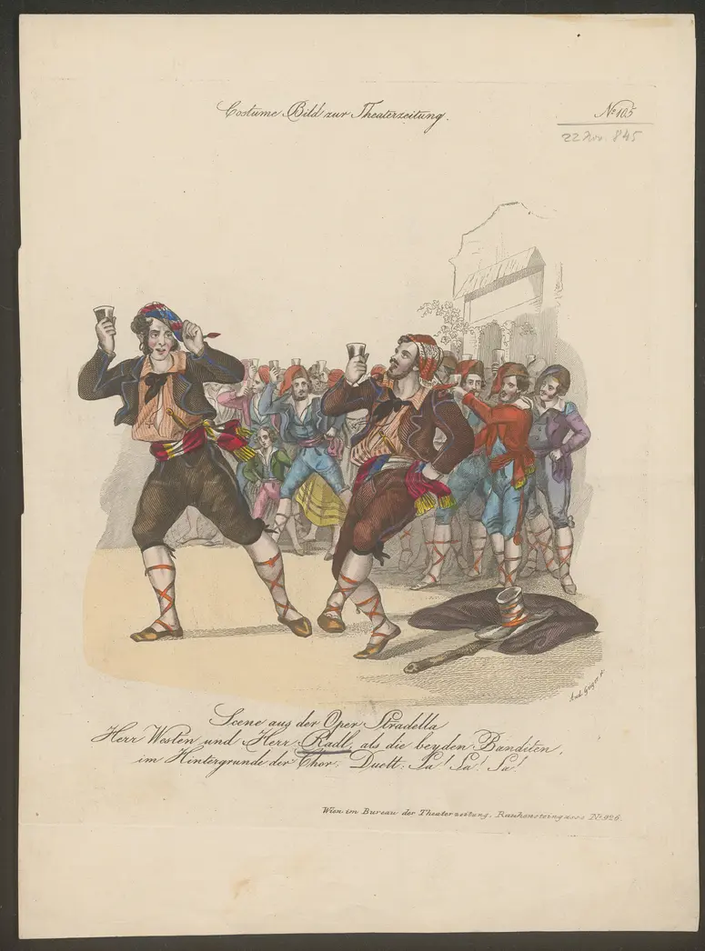 Alessandro Stradella, Titel in Vorlageform: Scene aus der Oper Stradella / Herr Westen und Herr Radl als die beyden Banditen, Titel der Serie: Costume-Bild, Name der Zeitschrift: Wiener Theaterzeitung
