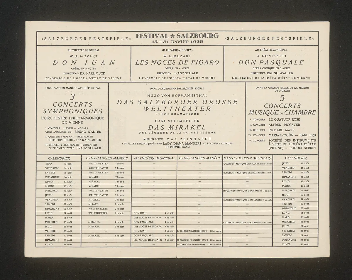 Salzburger Festspiele 1925, Titel in Vorlageform: Festival musical et dramatique Salzbourg, Verweis auf Stücktitel: Don Juan, Verweis auf Stücktitel: Figaros Hochzeit, Verweis auf Stücktitel: Don Pasquale, Verweis auf Stücktitel: Die Entführung aus dem Serail, Verweis auf Stücktitel: Das Salzburger große Welttheater, Verweis auf Stücktitel: Das Mirakel