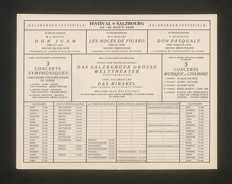 Salzburger Festspiele 1925, Titel in Vorlageform: Festival musical et dramatique Salzbourg, Verweis auf Stücktitel: Don Juan, Verweis auf Stücktitel: Figaros Hochzeit, Verweis auf Stücktitel: Don Pasquale, Verweis auf Stücktitel: Die Entführung aus dem Serail, Verweis auf Stücktitel: Das Salzburger große Welttheater, Verweis auf Stücktitel: Das Mirakel
