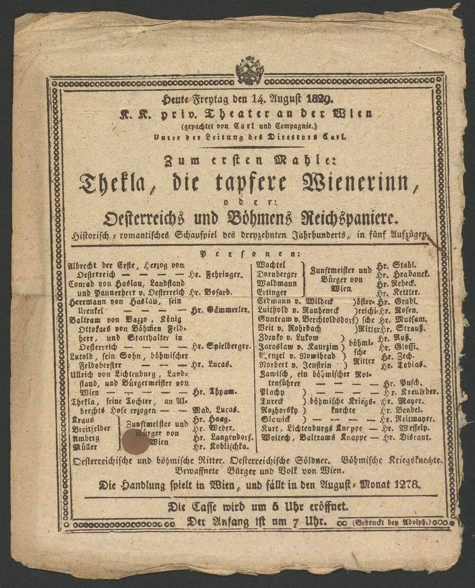 Thekla, die tapfere Wienerinn, oder Österreichs und Böhmens Reichspaniere, Alternativtitel: Thekla, die tapfere Wienerin