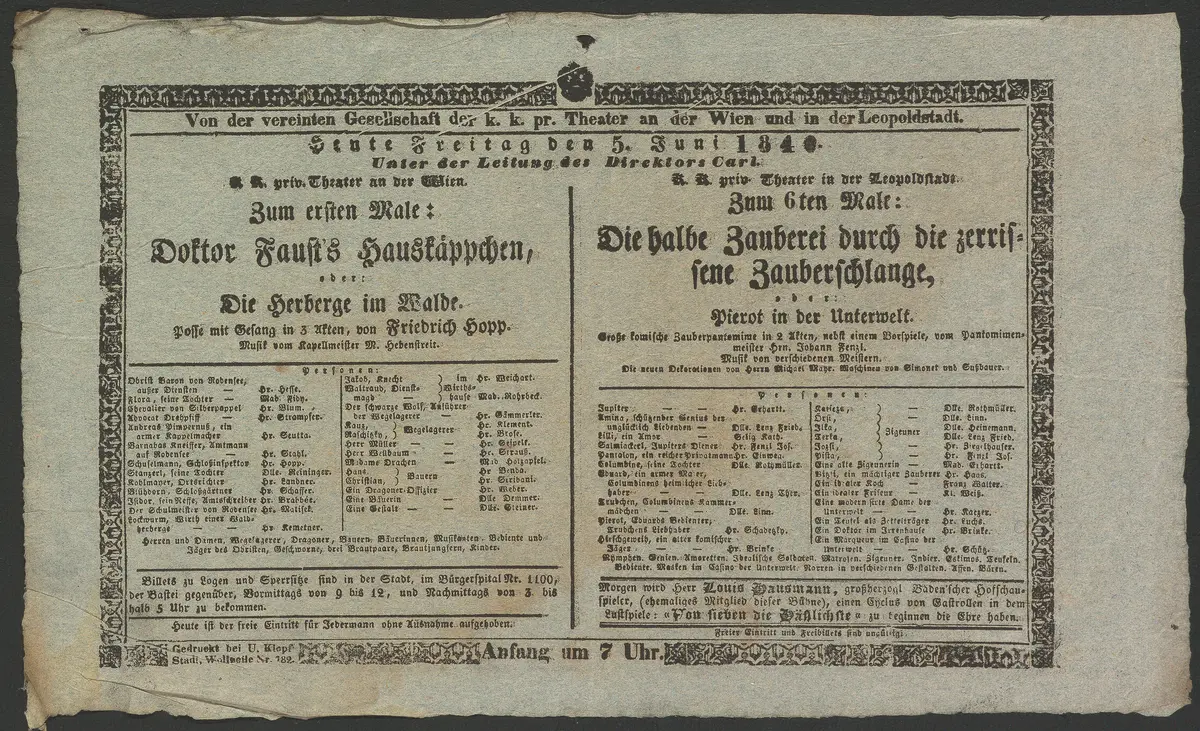 Doktor Faust's Hauskäppchen, oder Die Herberge im Walde, Die halbe Zauberei durch die zerrissene Zauberschlange, oder Pierot in der Unterwelt., Alternativtitel: Die halbe Zauberei durch die zerrissene Zauberschlange, oder Pierot in der Unterrwelt.