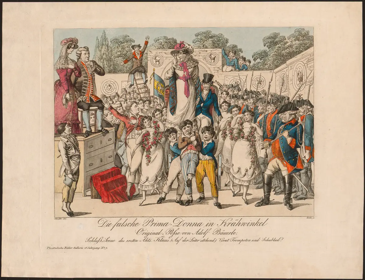 Die falsche Primadonna in Krähwinkel, Titel in Vorlageform: Die falsche Prima-Donna in Krähwinkel, Titel der Serie: Theatralische Bilder-Gallerie, Name der Zeitschrift: Wiener Theaterzeitung