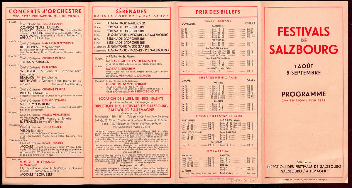 Salzburger Festspiele 1939, Titel in Vorlageform: Festivals de Salzbourg, Verweis auf Stücktitel: Die Entführung aus dem Serail, Verweis auf Stücktitel: Le nozze di figaro, Verweis auf Stücktitel: Der Freischütz, Verweis auf Stücktitel: Il Barbiere di Siviglia, Verweis auf Stücktitel: Don Giovanni, Verweis auf Stücktitel: Falstaff, Verweis auf Stücktitel: Der Rosenkavalier, Verweis auf Stücktitel: Viel Lärm um nichts, Verweis auf Stücktitel: Der Bürger als Edelmann