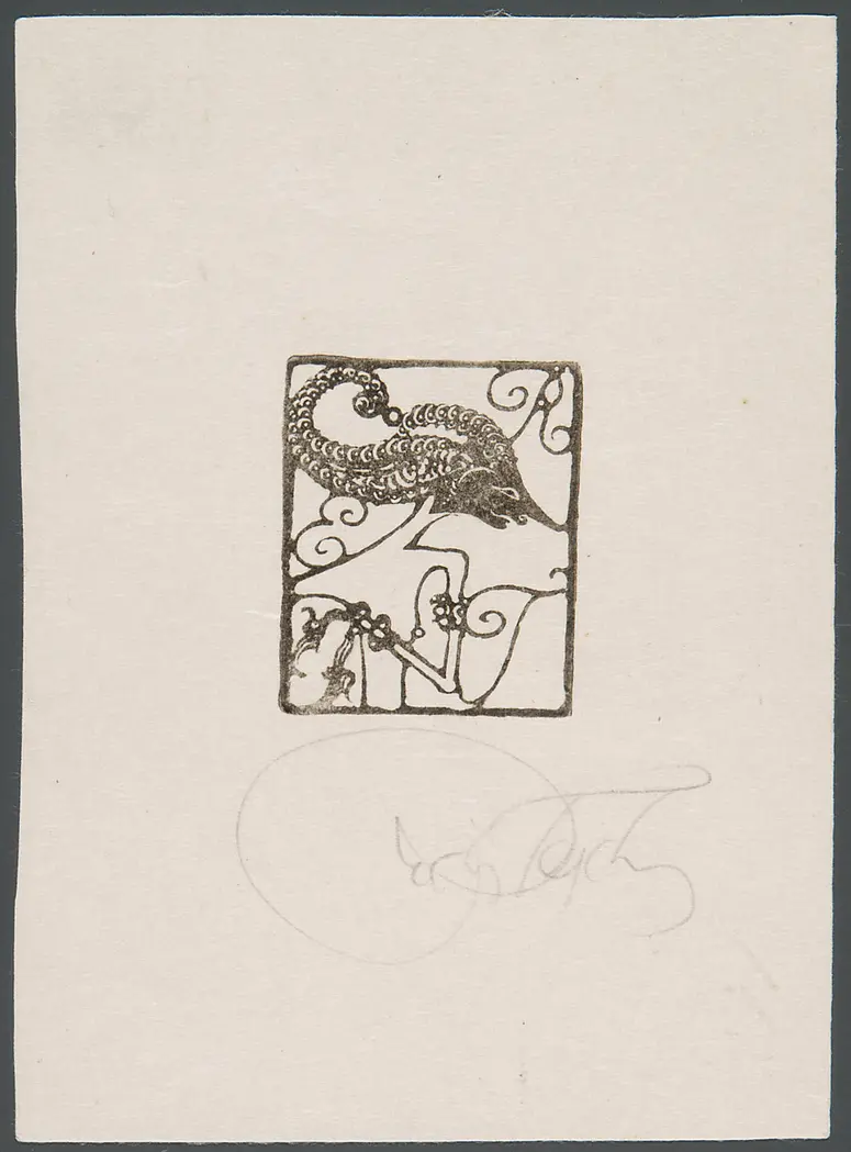 Exlibris Richard Teschner und Emma Teschner, Titel in Vorlageform: Exlibris R E T, Alternativtitel: Exlibris mit javanischer Schattenspielfigur, Eignermonogramm Richard und Emma Teschner
