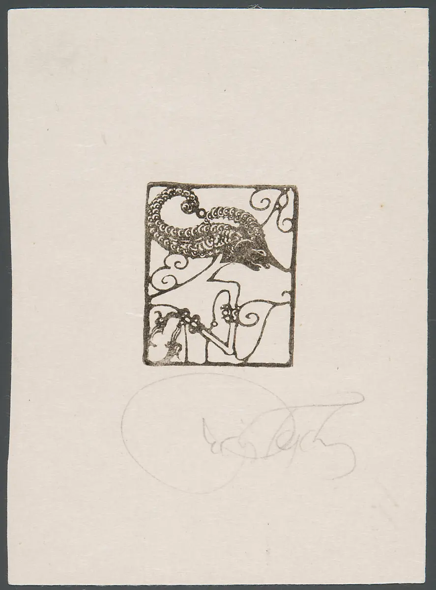 Exlibris Richard Teschner und Emma Teschner, Titel in Vorlageform: Exlibris R E T, Alternativtitel: Exlibris mit javanischer Schattenspielfigur, Eignermonogramm Richard und Emma Teschner