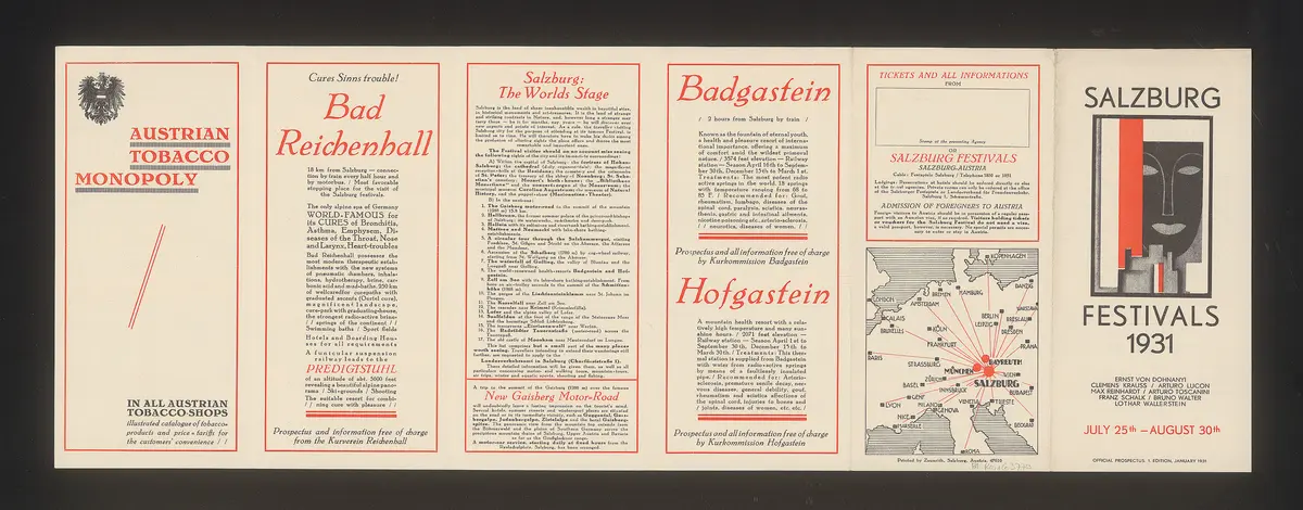 Salzburger Festspiele 1931, Titel in Vorlageform: Salzburg Festivals 1931, Verweis auf Stücktitel: Figaros Hochzeit, Verweis auf Stücktitel: Cosi fan tutte, Verweis auf Stücktitel: Der Rosenkavalier, Verweis auf Stücktitel: Don Juan, Verweis auf Stücktitel: Entführung aus dem Serail, Verweis auf Stücktitel: Fidelio, Verweis auf Stücktitel: Zauberflöte, Verweis auf Stücktitel: Orpheus und Eurydike, Verweis auf Stücktitel: Jedermann, Verweis auf Stücktitel: Der Schwierige