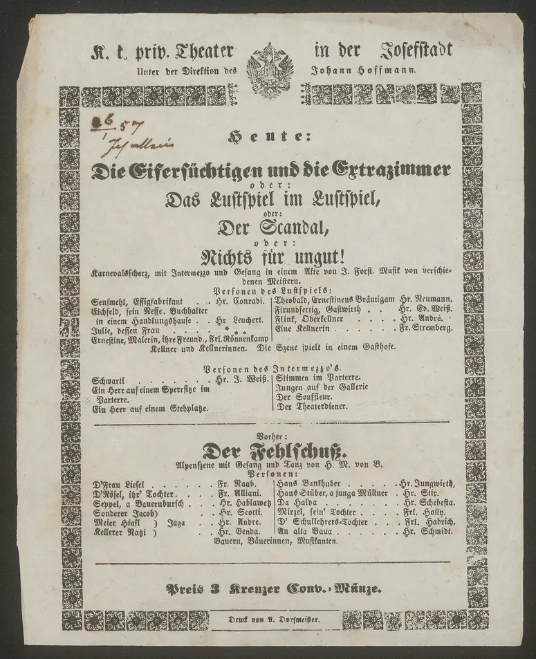 Die Eifersüchtigen und die Extrazimmer oder Das Lustspiel im Lustspiel oder Der Scandal oder Nichts für ungut, Der Fehlschuß
