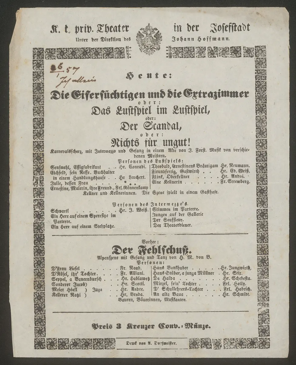 Die Eifersüchtigen und die Extrazimmer oder Das Lustspiel im Lustspiel oder Der Scandal oder Nichts für ungut, Der Fehlschuß