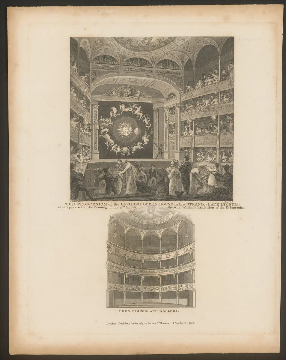 London, Lyceum Theatre, Alternativtitel: London, English Opera House, Titel in Vorlageform: The Proscenium of the English Opera House in the Strand (late Lyceum.) as it appeared on the Evening of the 21st. March 1817, with Walker's Exhibition of the Eidouranian. / Front Boxes and Gallery., Titel der Serie: Londina Illustrata