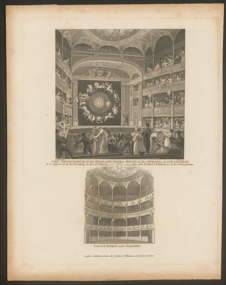 London, Lyceum Theatre, Alternativtitel: London, English Opera House, Titel in Vorlageform: The Proscenium of the English Opera House in the Strand (late Lyceum.) as it appeared on the Evening of the 21st. March 1817, with Walker's Exhibition of the Eidouranian. / Front Boxes and Gallery., Titel der Serie: Londina Illustrata